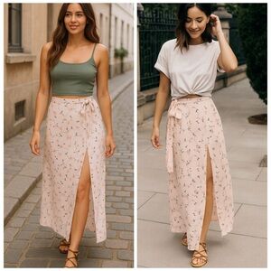 JOA x Revolve Light Pink Floral Tie Waist High Slit Maxi Skirt Small NWT